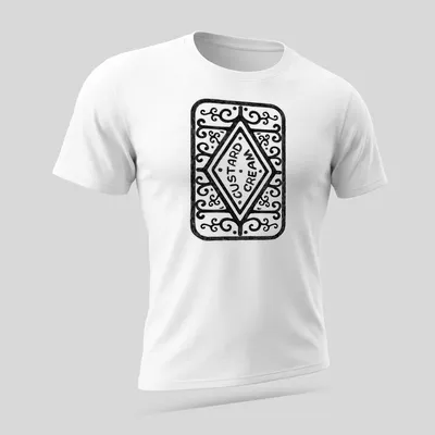 Hand-drawn illustration of a custard cream biscuit with text "CUSTARD CREAM" — printed on a unisex t-shirt (angled view)