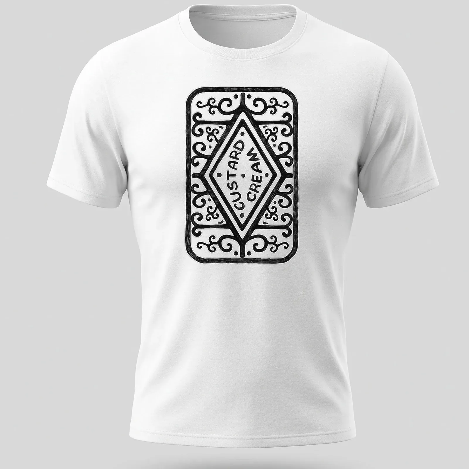 Hand-drawn illustration of a custard cream biscuit with text "CUSTARD CREAM" — printed on a unisex t-shirt