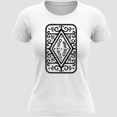 Hand-drawn illustration of a custard cream biscuit with text "CUSTARD CREAM" — printed on a women's shirt