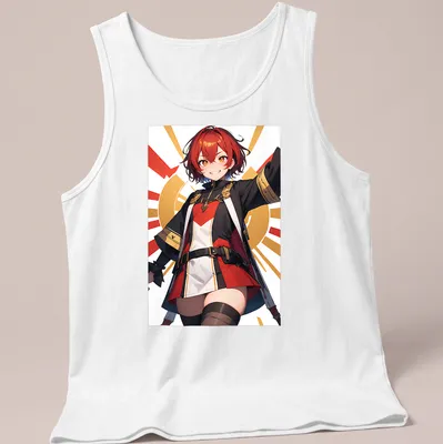 Vibrant anime-style shirt featuring a cute girl in red, black, white, and orange colors — printed on a tank top