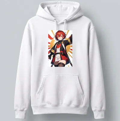 Vibrant anime-style shirt featuring a cute girl in red, black, white, and orange colors — printed on a unisex hoodie