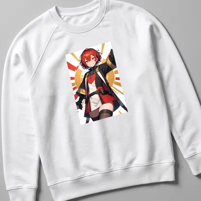 Vibrant anime-style shirt featuring a cute girl in red, black, white, and orange colors — printed on a unisex sweatshirt