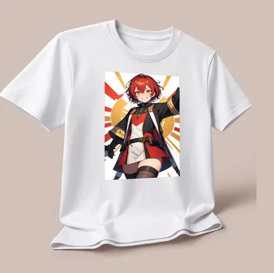 Vibrant anime-style shirt featuring a cute girl in red, black, white, and orange colors — printed on a unisex t-shirt (angled view)