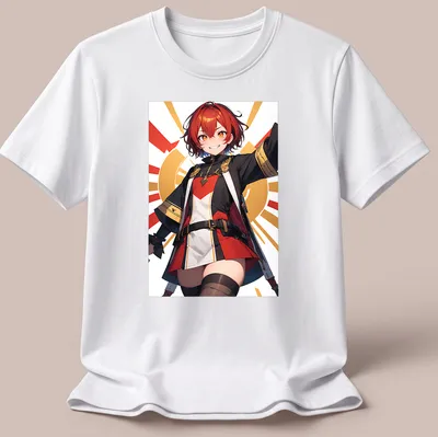 Vibrant anime-style shirt featuring a cute girl in red, black, white, and orange colors — printed on a unisex t-shirt