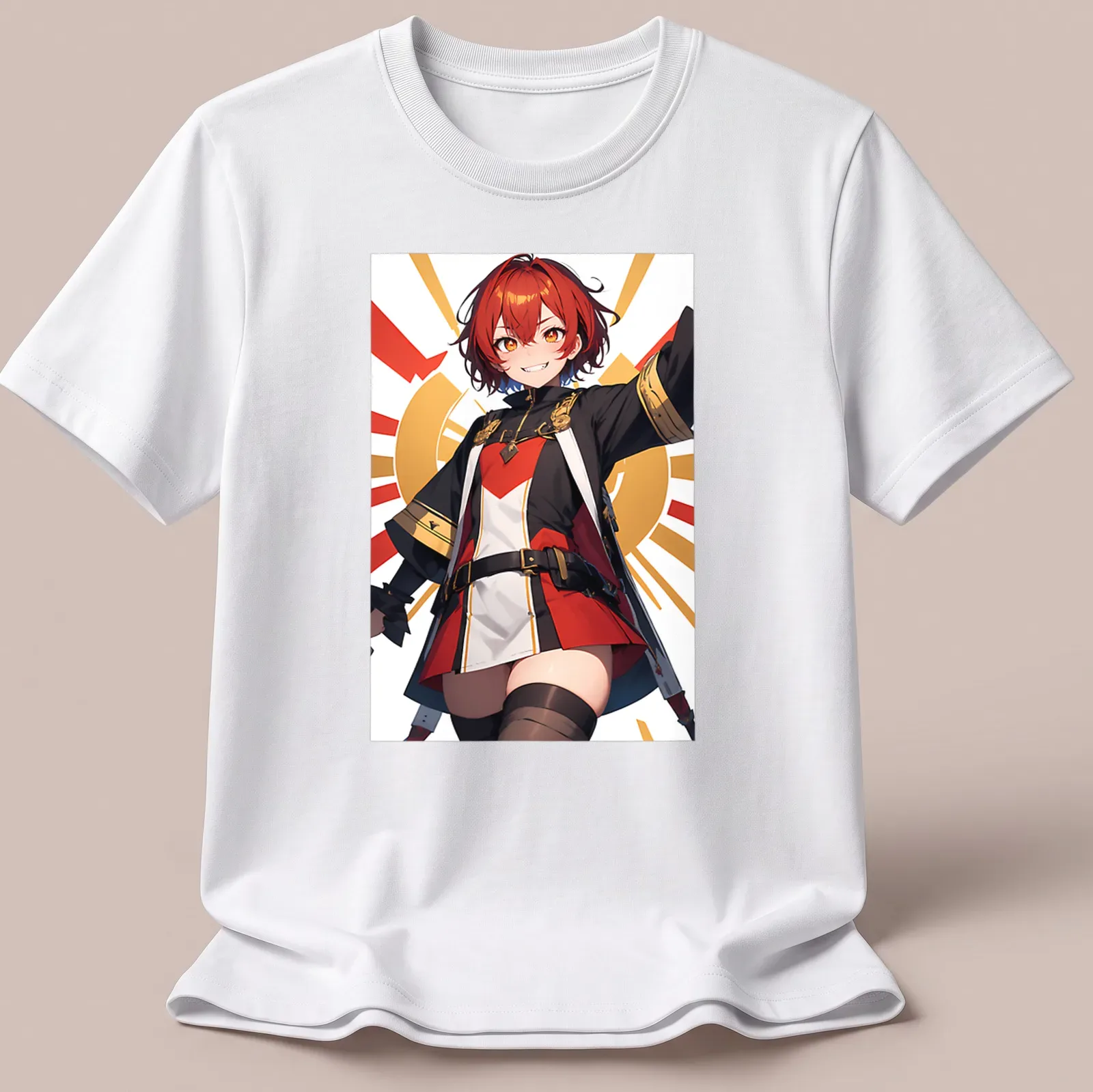 Vibrant anime-style shirt featuring a cute girl in red, black, white, and orange colors — printed on a unisex t-shirt