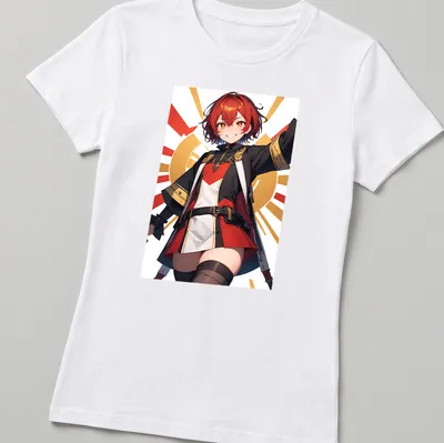 Vibrant anime-style shirt featuring a cute girl in red, black, white, and orange colors — printed on a women's shirt