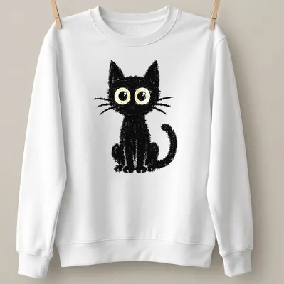 Kawaii style black cat with yellow eyes on a — printed on a unisex sweatshirt