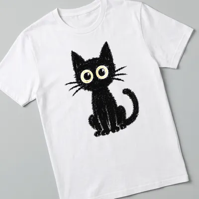 Kawaii style black cat with yellow eyes on a t-shirt