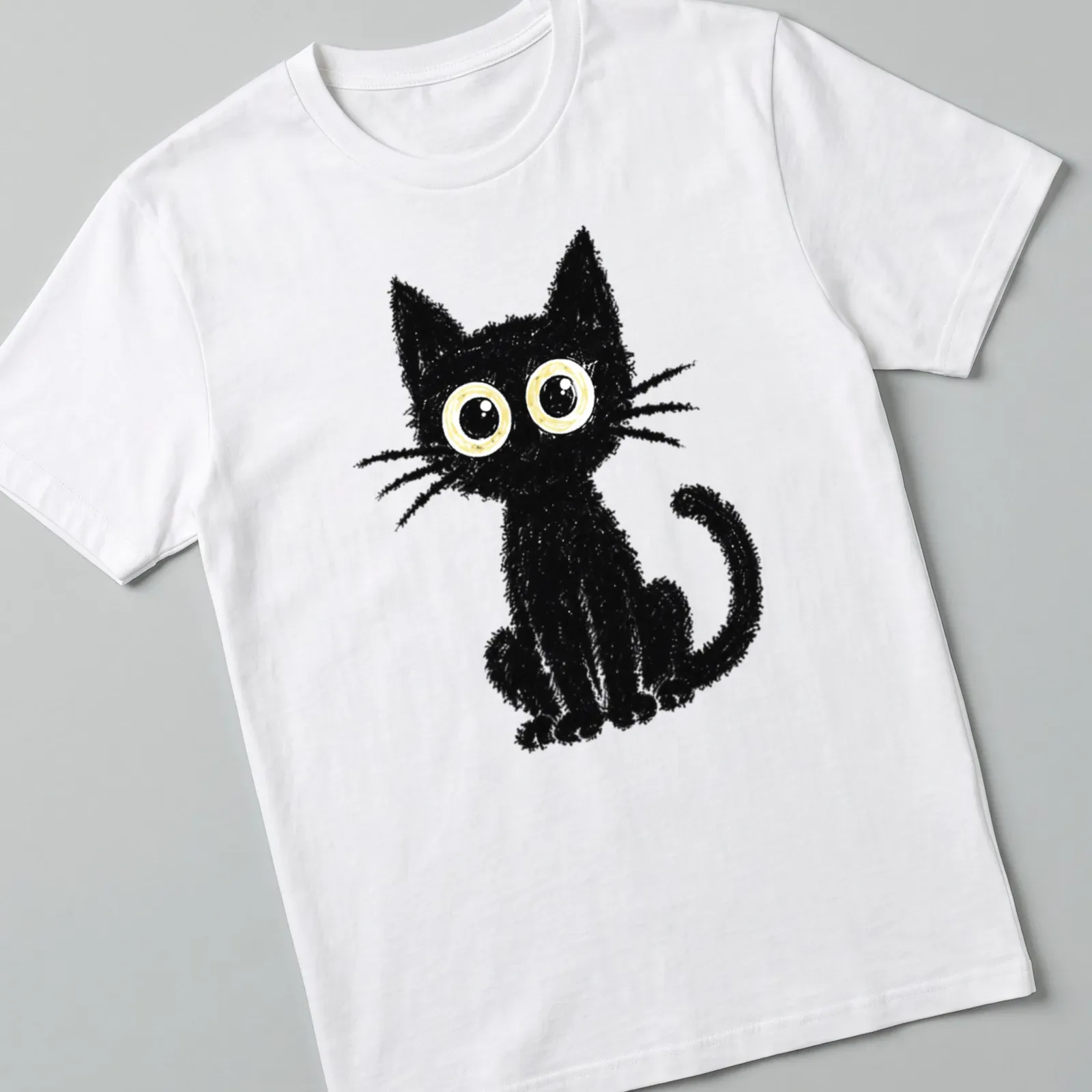 Kawaii style black cat with yellow eyes on a — printed on a unisex t-shirt