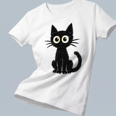 Kawaii style black cat with yellow eyes on a — printed on a women's shirt