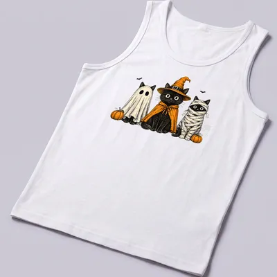 Vintage illustration of black cats in Halloween costumes including ghost and pumpkin — printed on a tank top