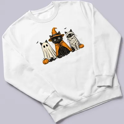 Vintage illustration of black cats in Halloween costumes including ghost and pumpkin — printed on a unisex sweatshirt
