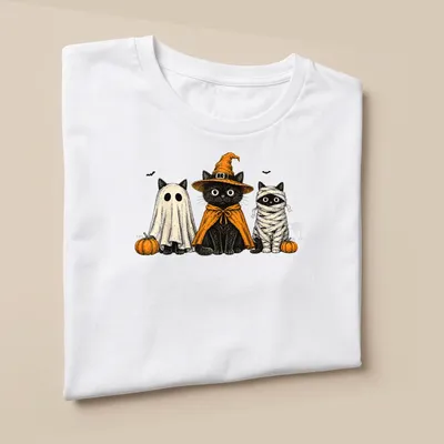 Vintage illustration of black cats in Halloween costumes including ghost and pumpkin — printed on a unisex t-shirt (angled view)