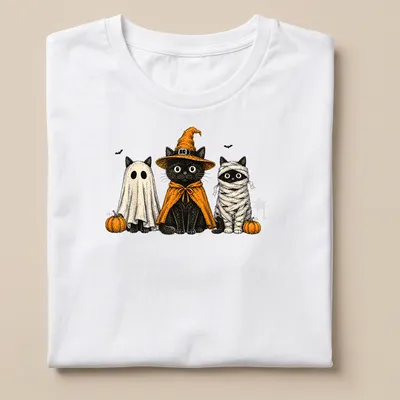Vintage illustration of black cats in Halloween costumes including ghost and pumpkin