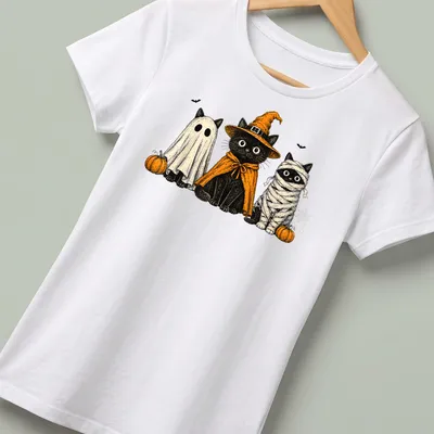 Vintage illustration of black cats in Halloween costumes including ghost and pumpkin — printed on a women's shirt