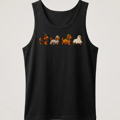 Colorful cartoon of Dachshund dogs in Halloween costumes — printed on a tank top