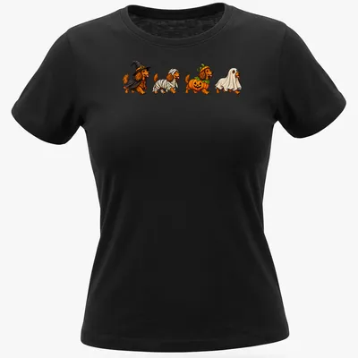 Colorful cartoon of Dachshund dogs in Halloween costumes — printed on a women's shirt