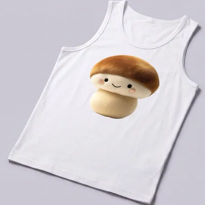 Kawaii brown mushroom character t-shirt with cute facial features — printed on a tank top