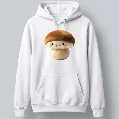 Kawaii brown mushroom character t-shirt with cute facial features — printed on a unisex hoodie
