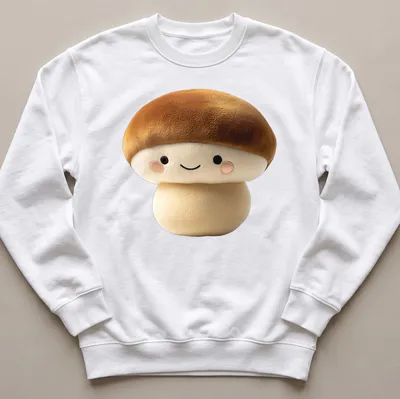 Kawaii brown mushroom character t-shirt with cute facial features — printed on a unisex sweatshirt