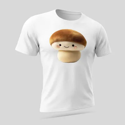 Kawaii brown mushroom character t-shirt with cute facial features — printed on a unisex t-shirt (angled view)