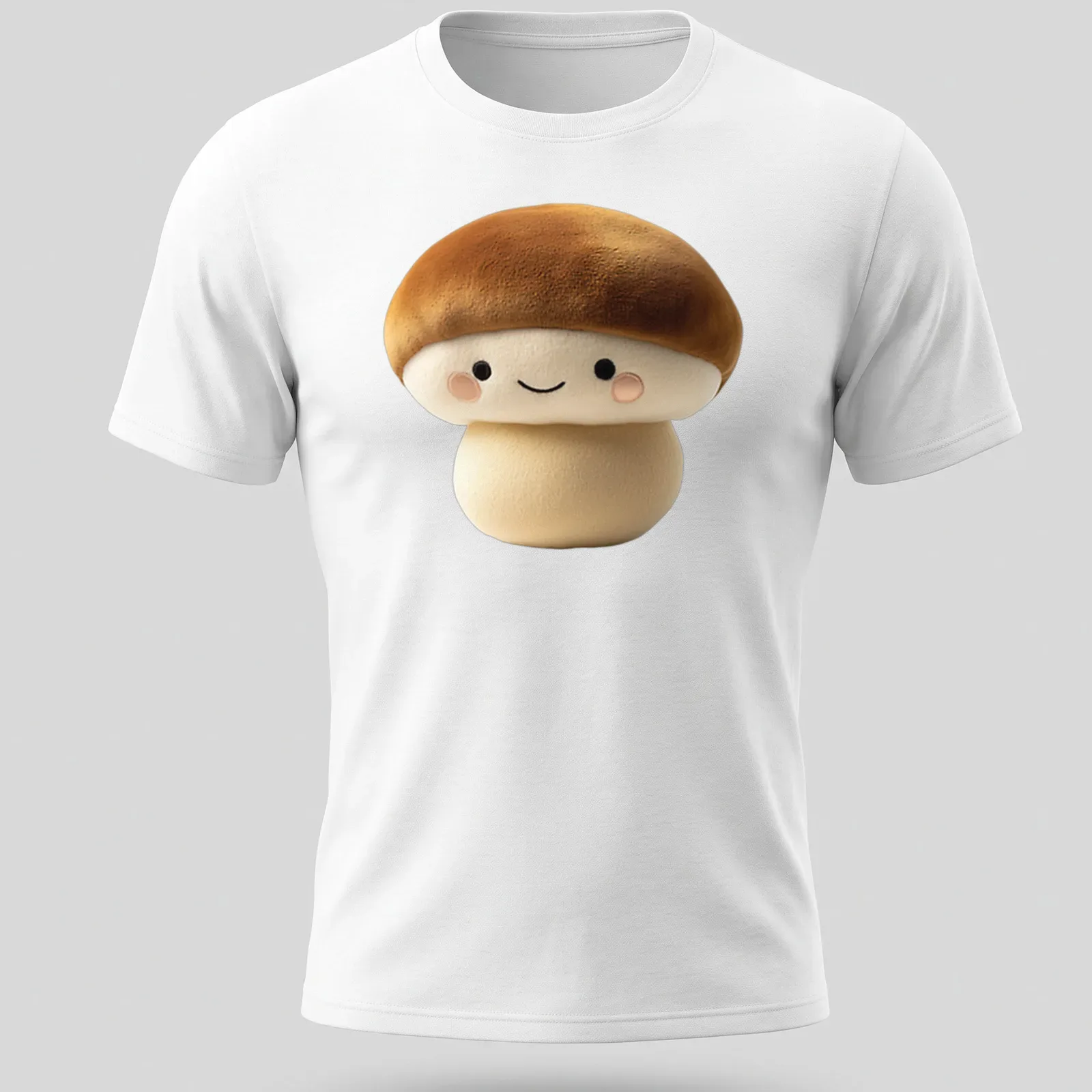 Kawaii brown mushroom character t-shirt with cute facial features — printed on a unisex t-shirt