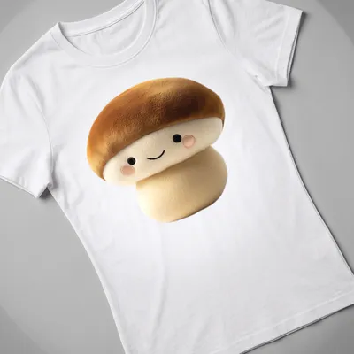Kawaii brown mushroom character t-shirt with cute facial features — printed on a women's shirt