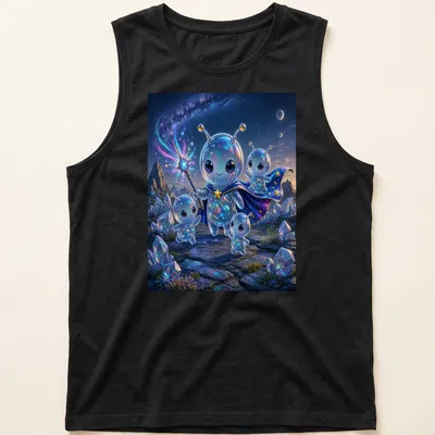 Kawaii T-shirt featuring colorful space aliens and the text Cute Magic Alien Finale — printed on a tank top