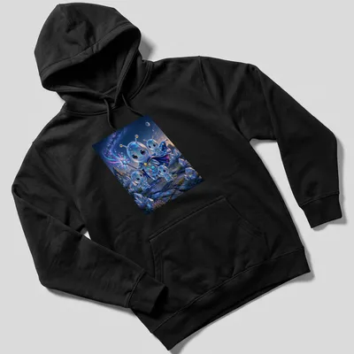 Kawaii T-shirt featuring colorful space aliens and the text Cute Magic Alien Finale — printed on a unisex hoodie