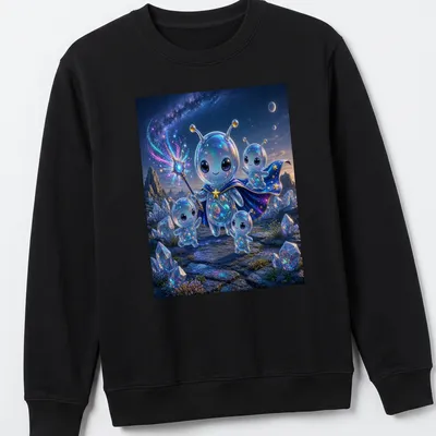 Kawaii T-shirt featuring colorful space aliens and the text Cute Magic Alien Finale — printed on a unisex sweatshirt