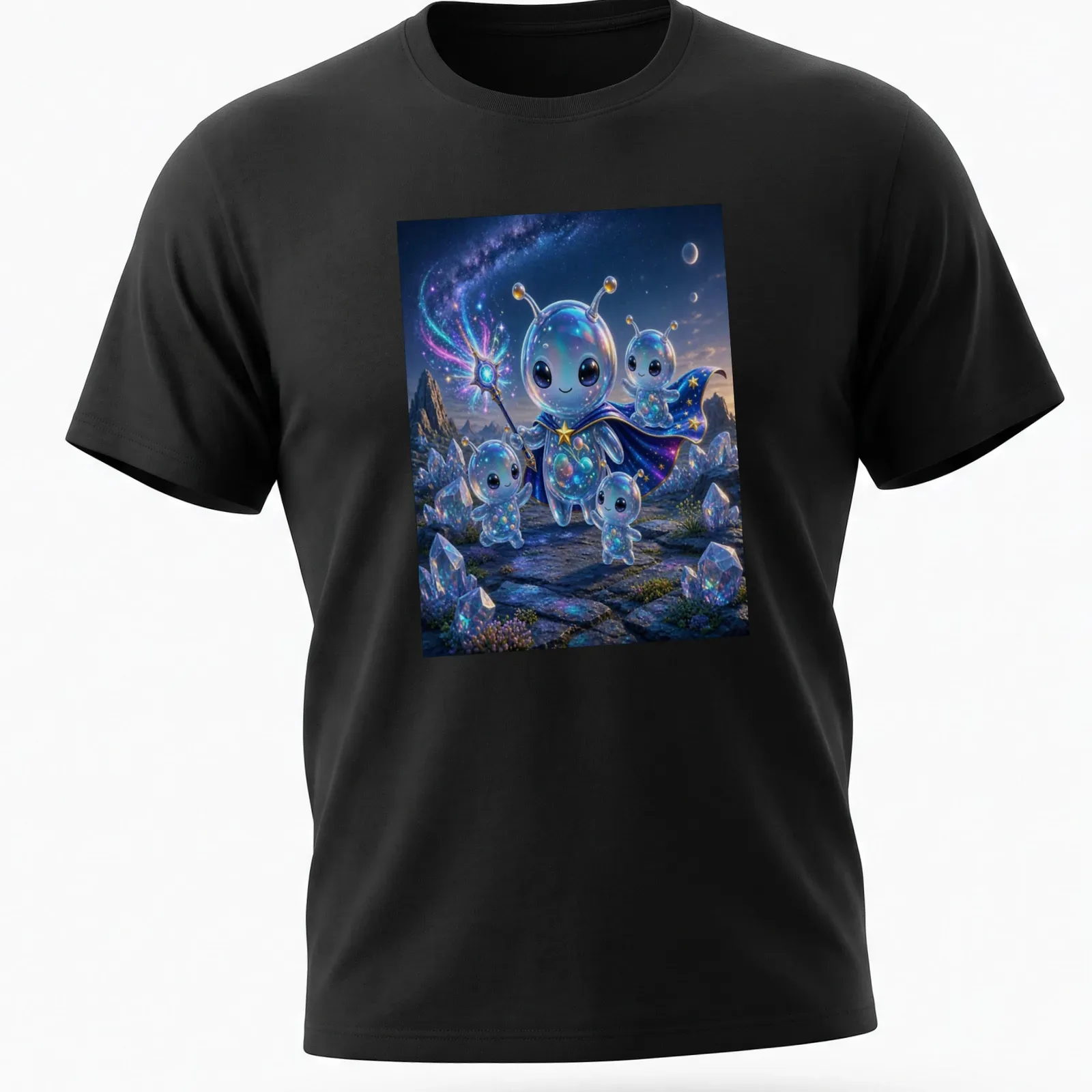 Kawaii T-shirt featuring colorful space aliens and the text Cute Magic Alien Finale — printed on a unisex t-shirt