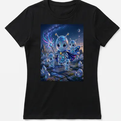Kawaii T-shirt featuring colorful space aliens and the text Cute Magic Alien Finale — printed on a women's shirt