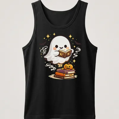 Kawaii ghost reading books with a pumpkin, featuring warm colors. — printed on a tank top