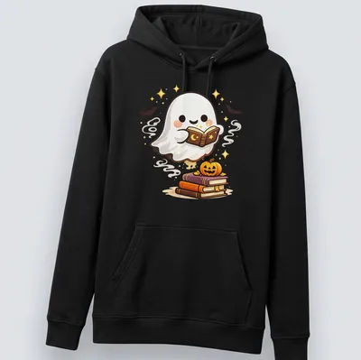 Kawaii ghost reading books with a pumpkin, featuring warm colors. — printed on a unisex hoodie