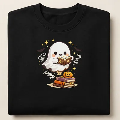Kawaii ghost reading books with a pumpkin, featuring warm colors. — printed on a unisex sweatshirt