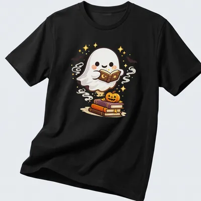 Kawaii ghost reading books with a pumpkin, featuring warm colors.