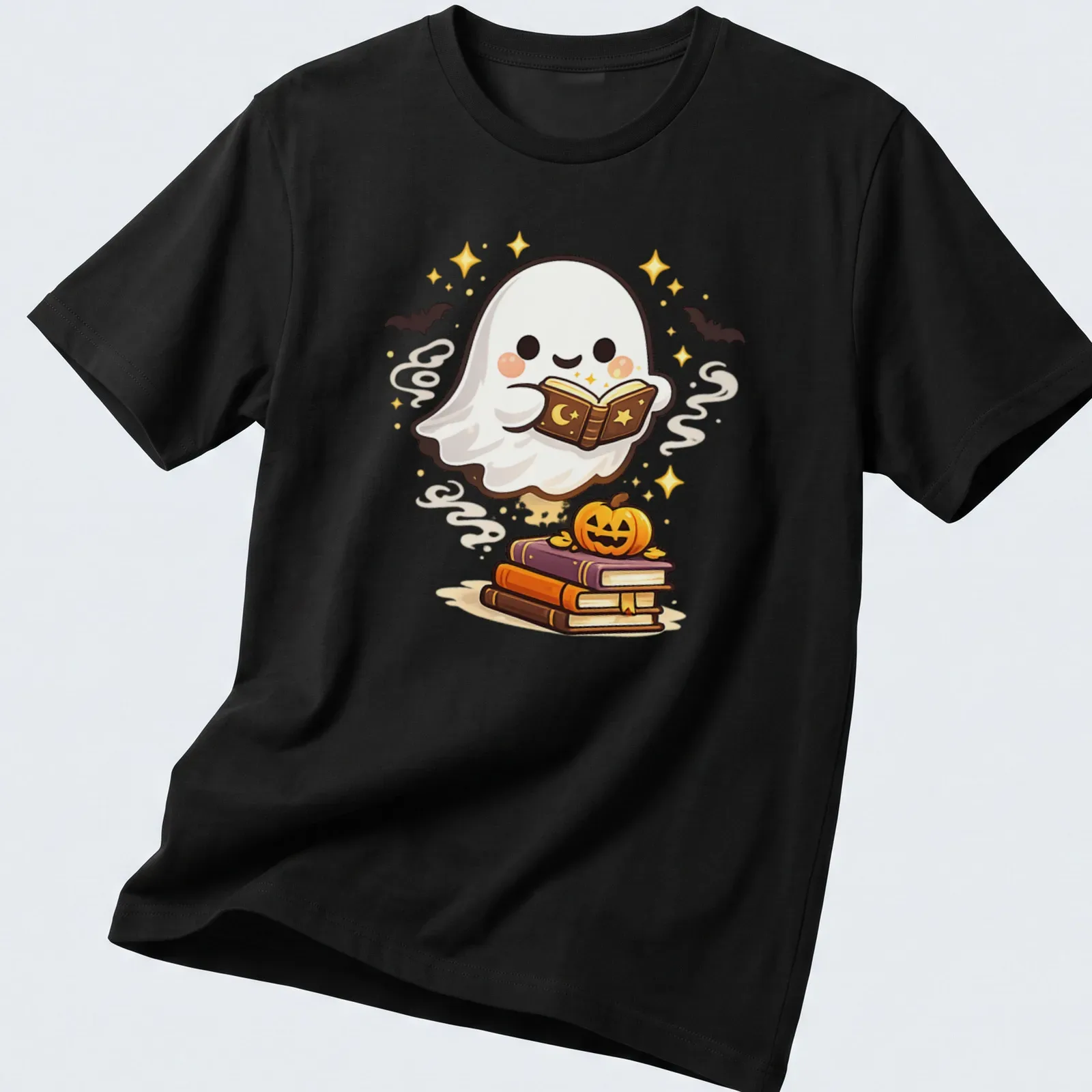 Kawaii ghost reading books with a pumpkin, featuring warm colors. — printed on a unisex t-shirt