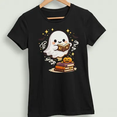 Kawaii ghost reading books with a pumpkin, featuring warm colors. — printed on a women's shirt