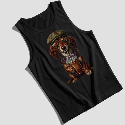 Vintage illustration of a Dachshund drinking iced coffee, styled in brown and tan — printed on a tank top
