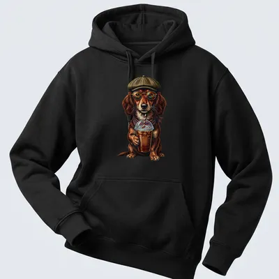 Vintage illustration of a Dachshund drinking iced coffee, styled in brown and tan — printed on a unisex hoodie