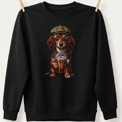 Vintage illustration of a Dachshund drinking iced coffee, styled in brown and tan — printed on a unisex sweatshirt