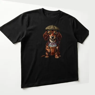 Vintage illustration of a Dachshund drinking iced coffee, styled in brown and tan — printed on a unisex t-shirt (angled view)