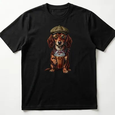 Vintage illustration of a Dachshund drinking iced coffee, styled in brown and tan
