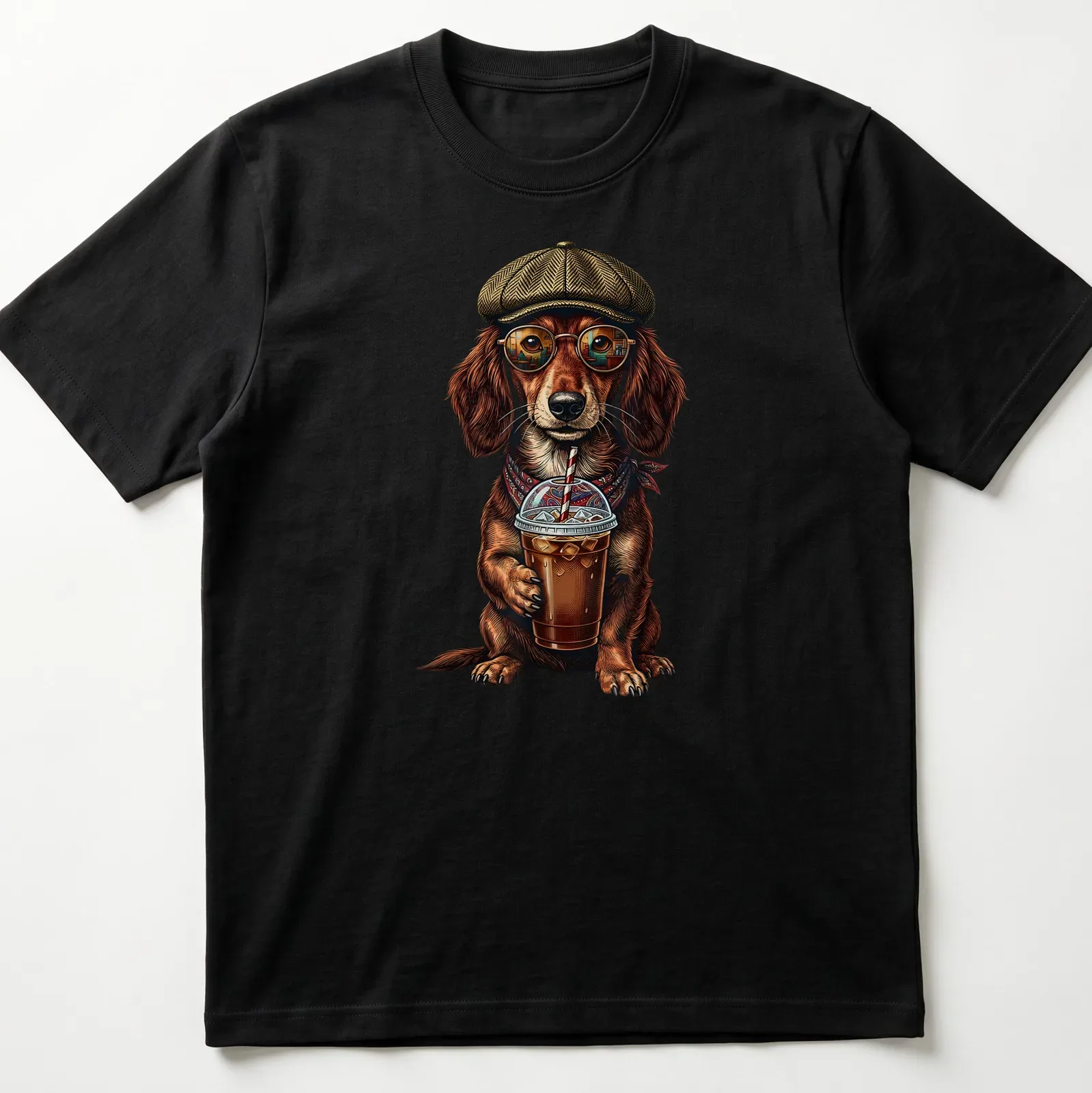 Vintage illustration of a Dachshund drinking iced coffee, styled in brown and tan — printed on a unisex t-shirt