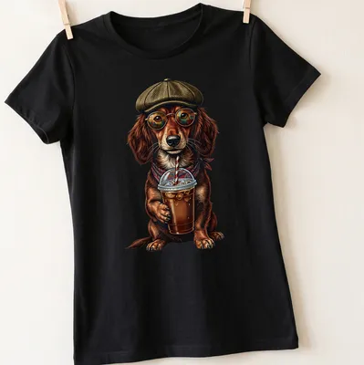 Vintage illustration of a Dachshund drinking iced coffee, styled in brown and tan — printed on a women's shirt