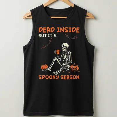 A playful skeleton surrounded by pumpkins with Halloween-themed text — printed on a tank top