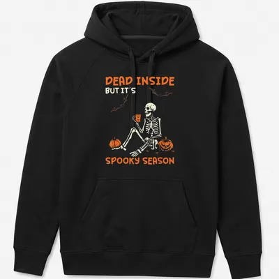 A playful skeleton surrounded by pumpkins with Halloween-themed text — printed on a unisex hoodie