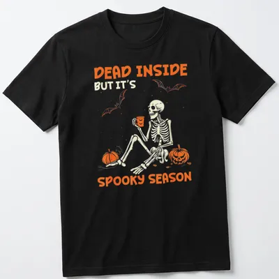 A playful skeleton surrounded by pumpkins with Halloween-themed text — printed on a unisex t-shirt