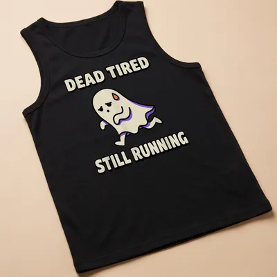 Cartoon ghost graphic with text Dead Tired Still Running in black and purple — printed on a tank top