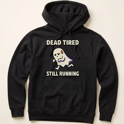 Cartoon ghost graphic with text Dead Tired Still Running in black and purple — printed on a unisex hoodie